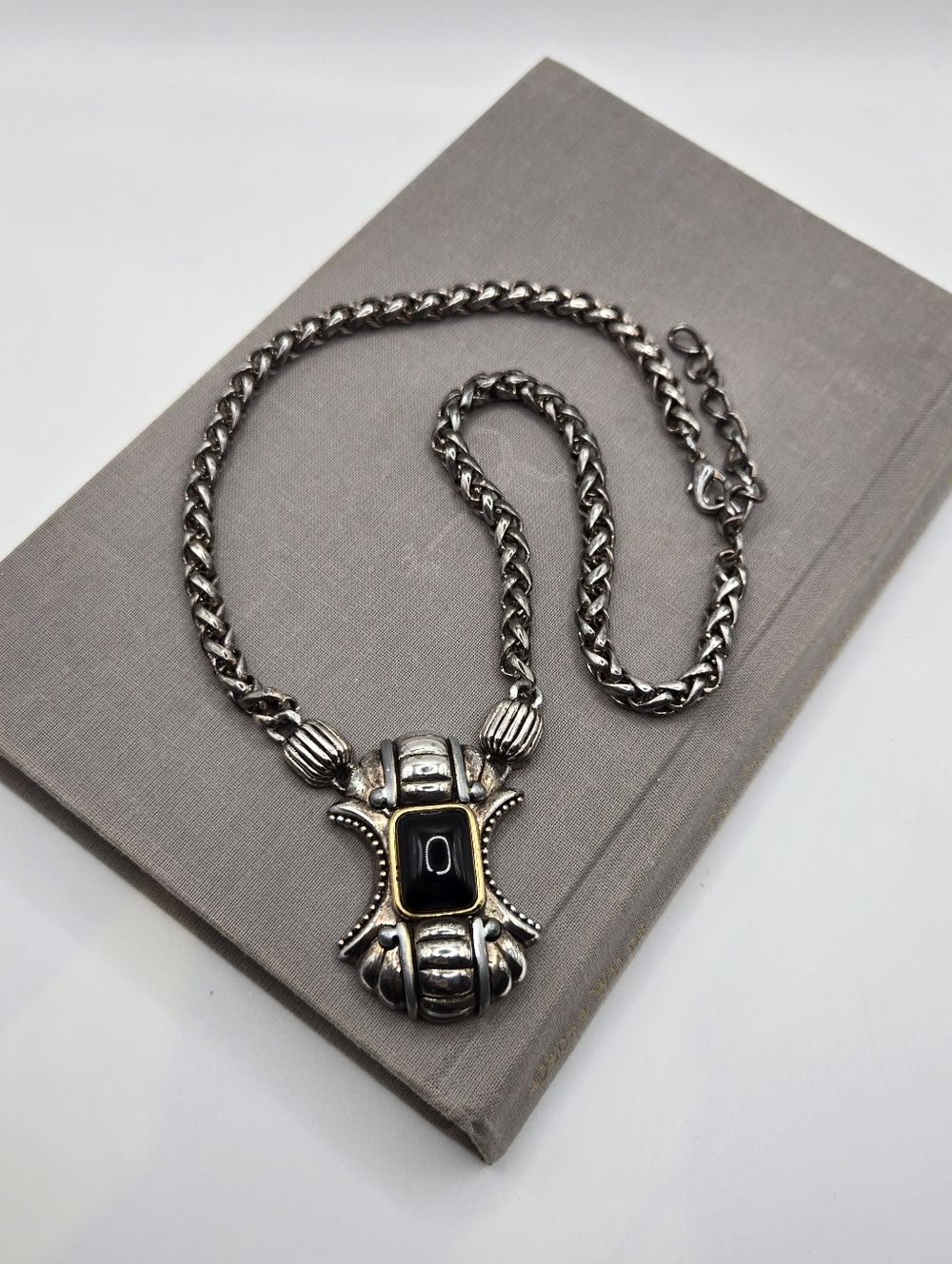 dirtbag grunge Silvertone Choker Necklace Wheat Chain Chunky Vintage Black Stone